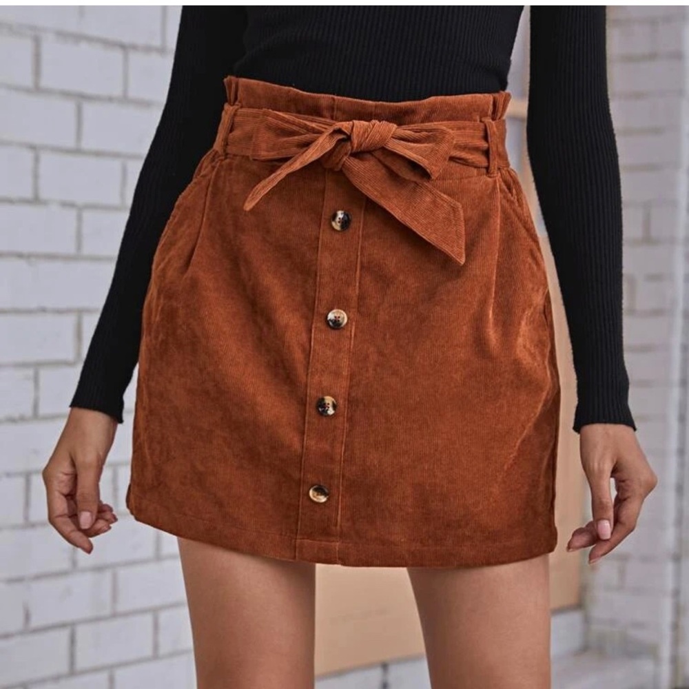 Belted, buttoned brown skirt